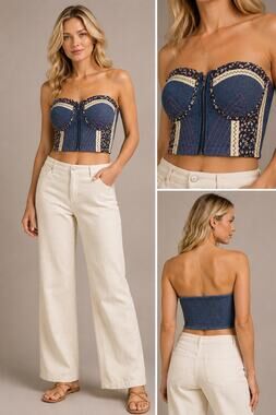 Hot & Delicious Denim Corset Tube Top Women’s Small Strapless Bustier Crop Top